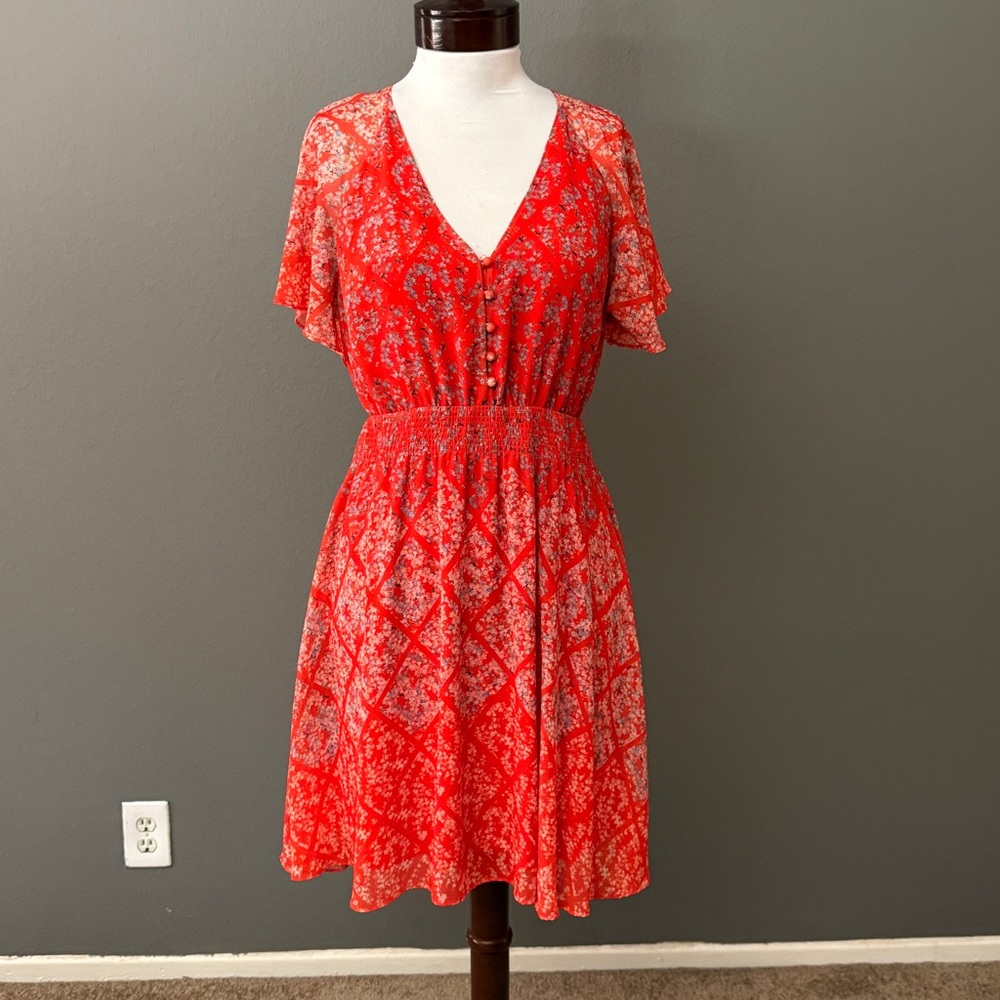 Erin Fetherson Anthropologie Red Smocked coral floral geo dress Sz 6 Boho chic